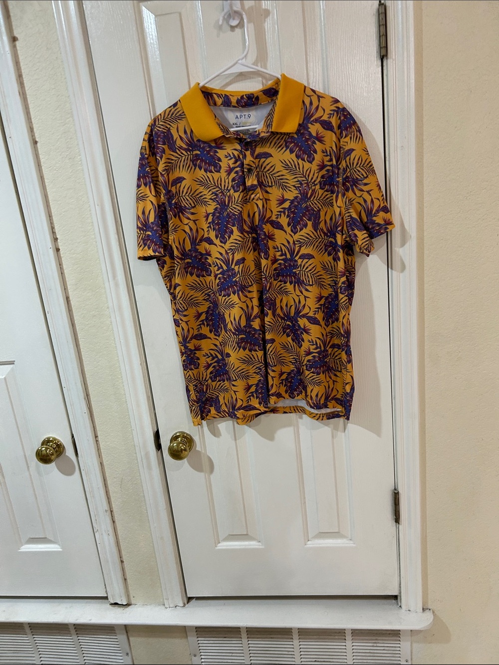Apt. 9 Men’s Mustard Yellow Polo performance with Purple Tropical Print